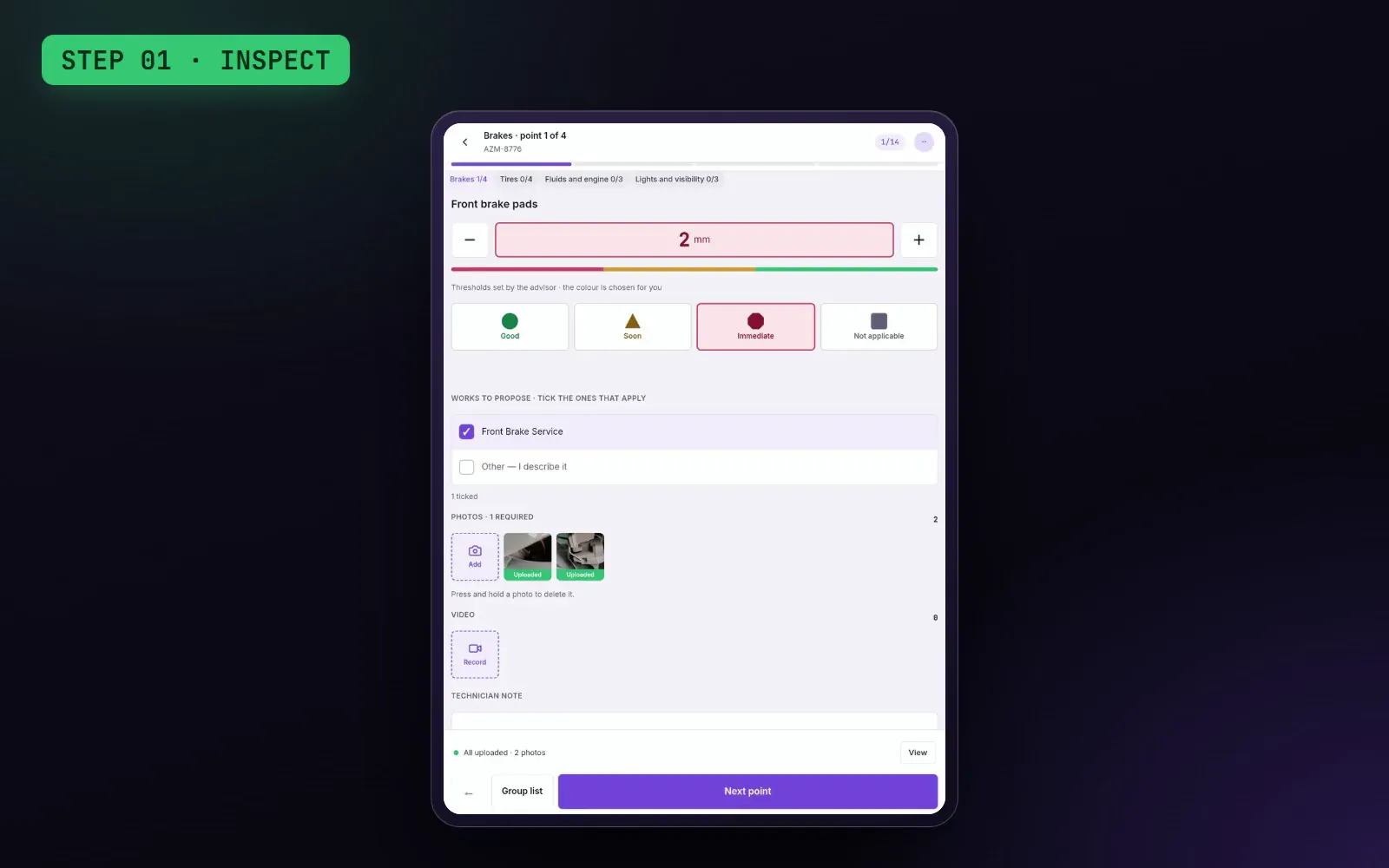 Demo: the technician inspects on the tablet, you review and set the price, and the customer approves each job from their phone.