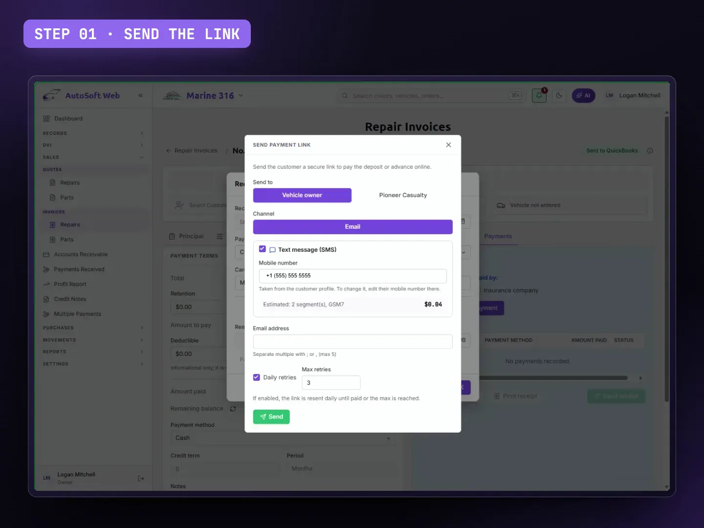 Demo: a payment link sent by text, the payment from the customer's phone and the invoice marked paid, with its receipt.