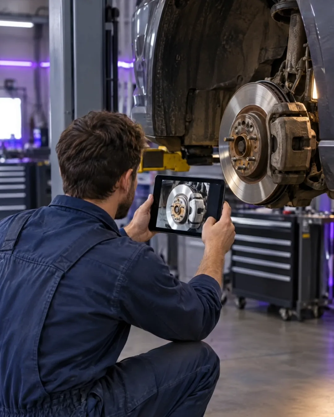 A technician photographs a brake rotor with a tablet.