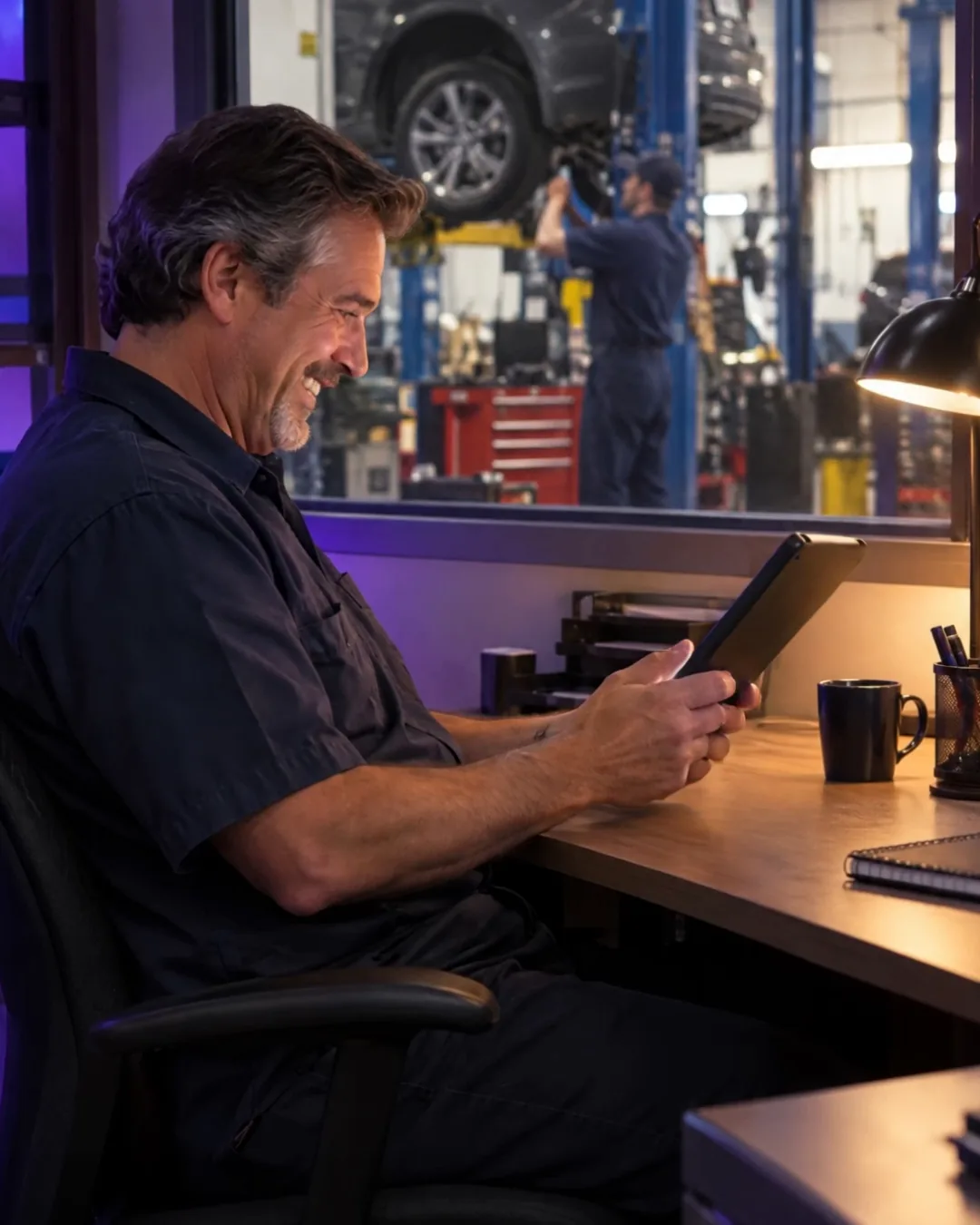The shop owner checks the tablet in his office and smiles.